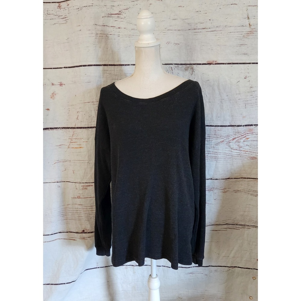 Tna Aritzia Waffle Knit Thermal Oversized Long Sleeve Top Charcoal Black Size M